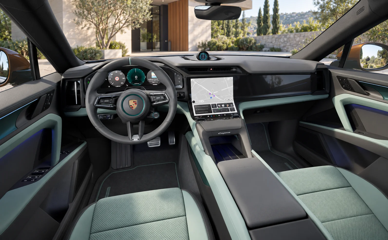 Porsche cayenne electric Two-tone leather interior, smooth-finish leather Black_Delgada Green
